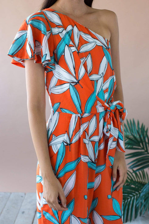 Amir One Shoulder Jumpsuit With Flutter Sleeve and Pockets- Rio Flora